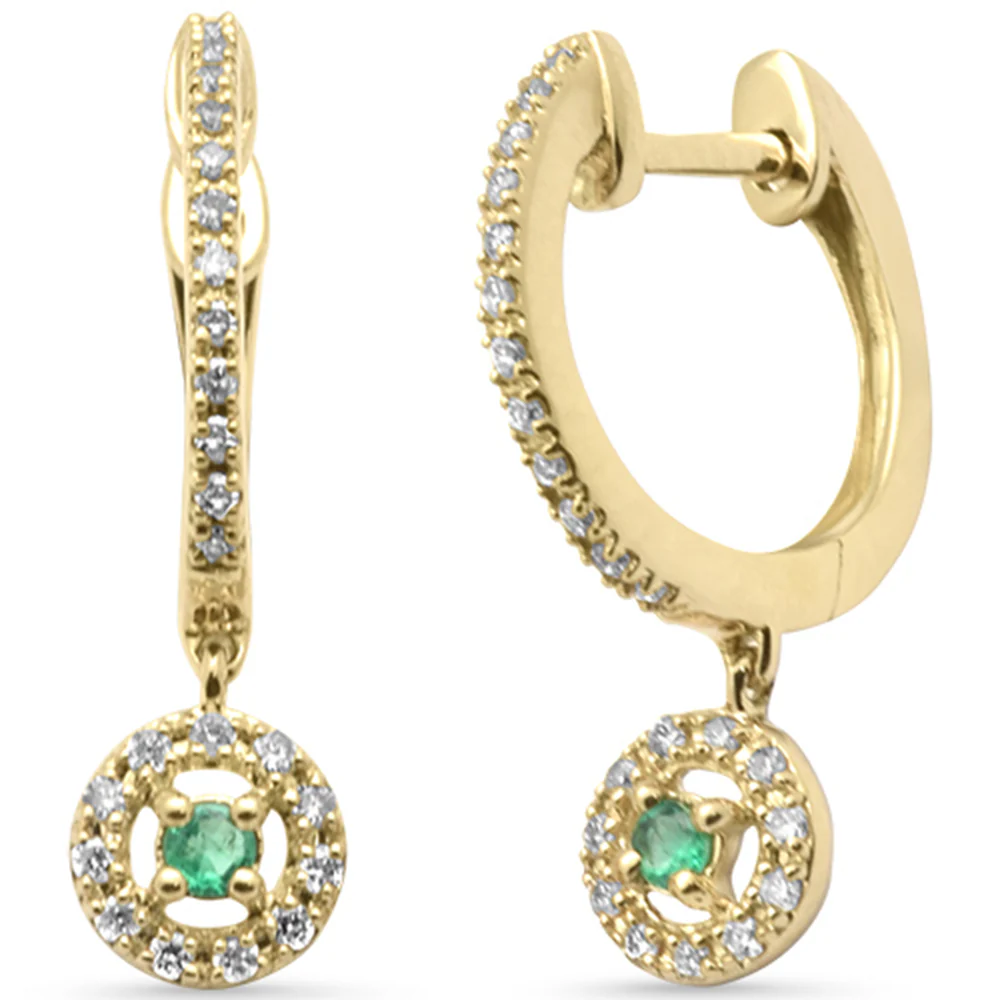 <span style="color:purple">SPECIAL!</span> .22ct G SI 14K Yellow Gold Diamond & Emerald Gemstones Dangling Hoop Earrings