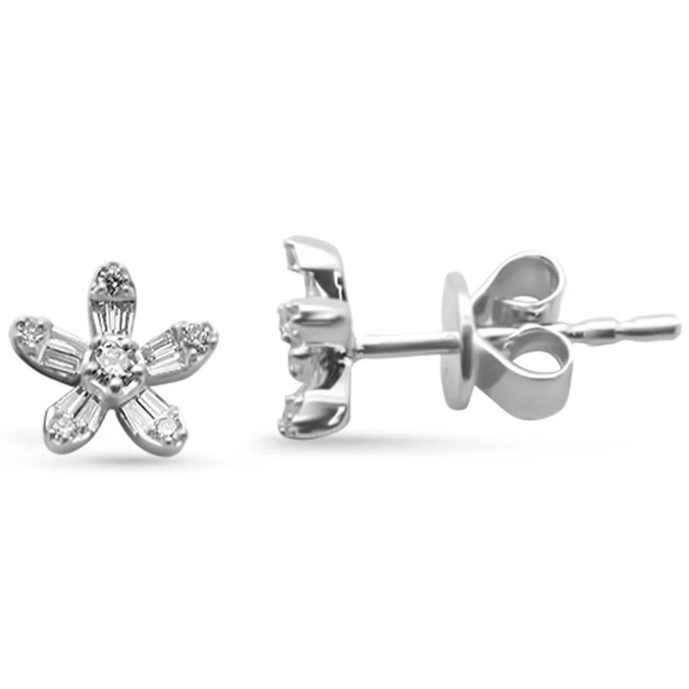 .16ct G SI 14K White Gold Round & Baguette Diamond Flower Earrings
