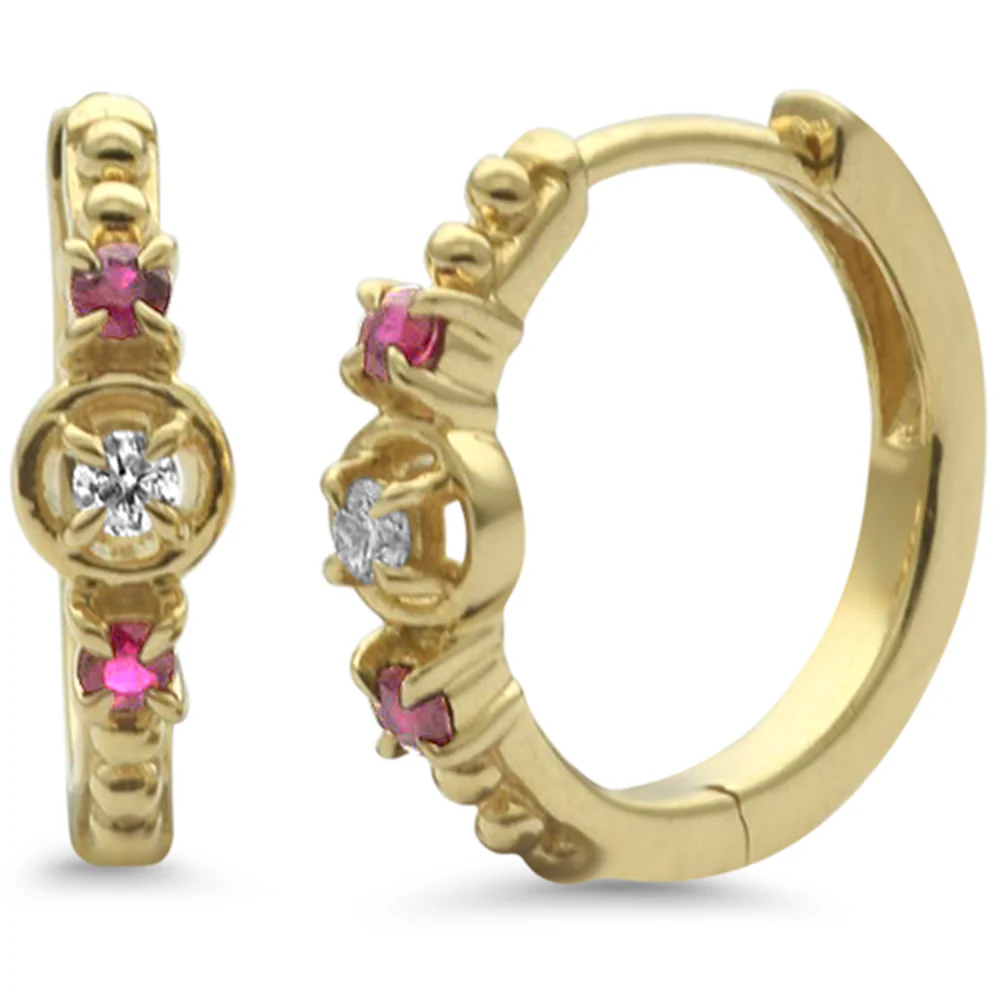 <span style="color:purple">SPECIAL!</span> .19ct G SI 14K Yellow Gold Diamond & Ruby Gemstone Petite Hoop Earrings