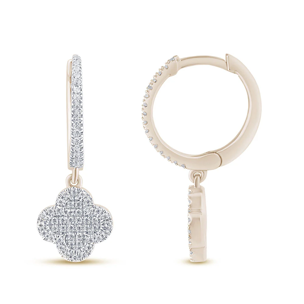 <span style="color:purple">SPECIAL!</span> .16ct G SI 14K Yellow Gold Diamond Clover Dangling Hoop Earrings