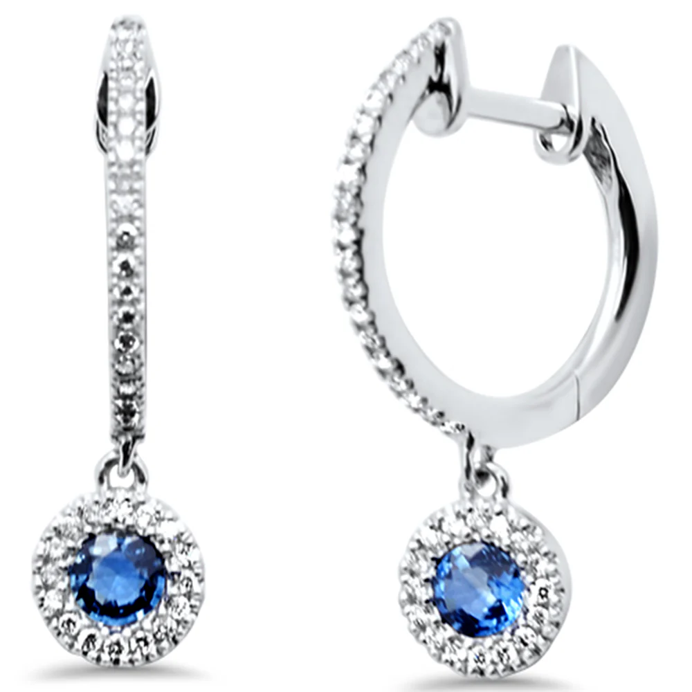 <span style="color:purple">SPECIAL!</span> .39ct G SI 14K White Gold Diamond & Blue Sapphire Gemstones Dangling Hoop Earrings