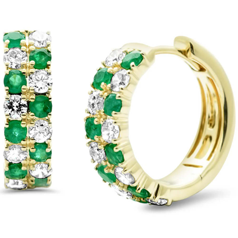 <span style="color:purple">SPECIAL!</span> 1.41ct G SI 14K Yellow Gold Diamond & Emerald Gemstone Hoop Earrings
