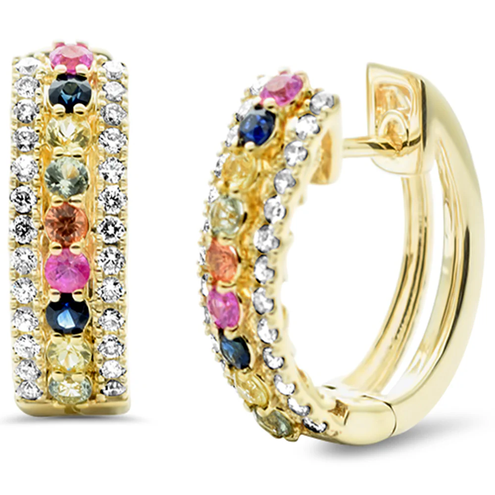 <span style="color:purple">SPECIAL!</span> .61ct G SI 14K Yellow Gold Diamond Multi Color Gemstones Hoop Earrings
