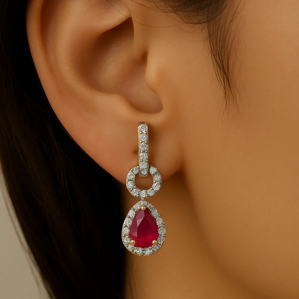 <span style="color:purple">SPECIAL!</span>.69ct G SI 14K Yellow Gold Diamond & Pear Shape Ruby Gemstone Drop Earrings - Image 2
