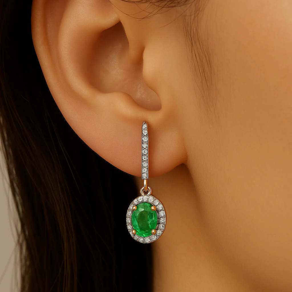 <span style="color:purple">SPECIAL!</span>.80ct G SI 14K Yellow Gold Diamond & Oval Emerald Gemstone Drop Earrings - Image 2