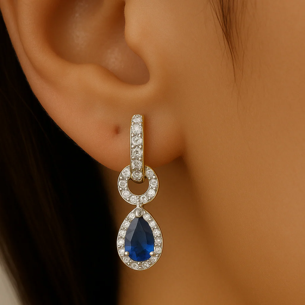 <span style="color:purple">SPECIAL!</span>.74ct G SI 14K White Gold Diamond & Pear Blue Sapphire Gemstone Drop Earrings - Image 2