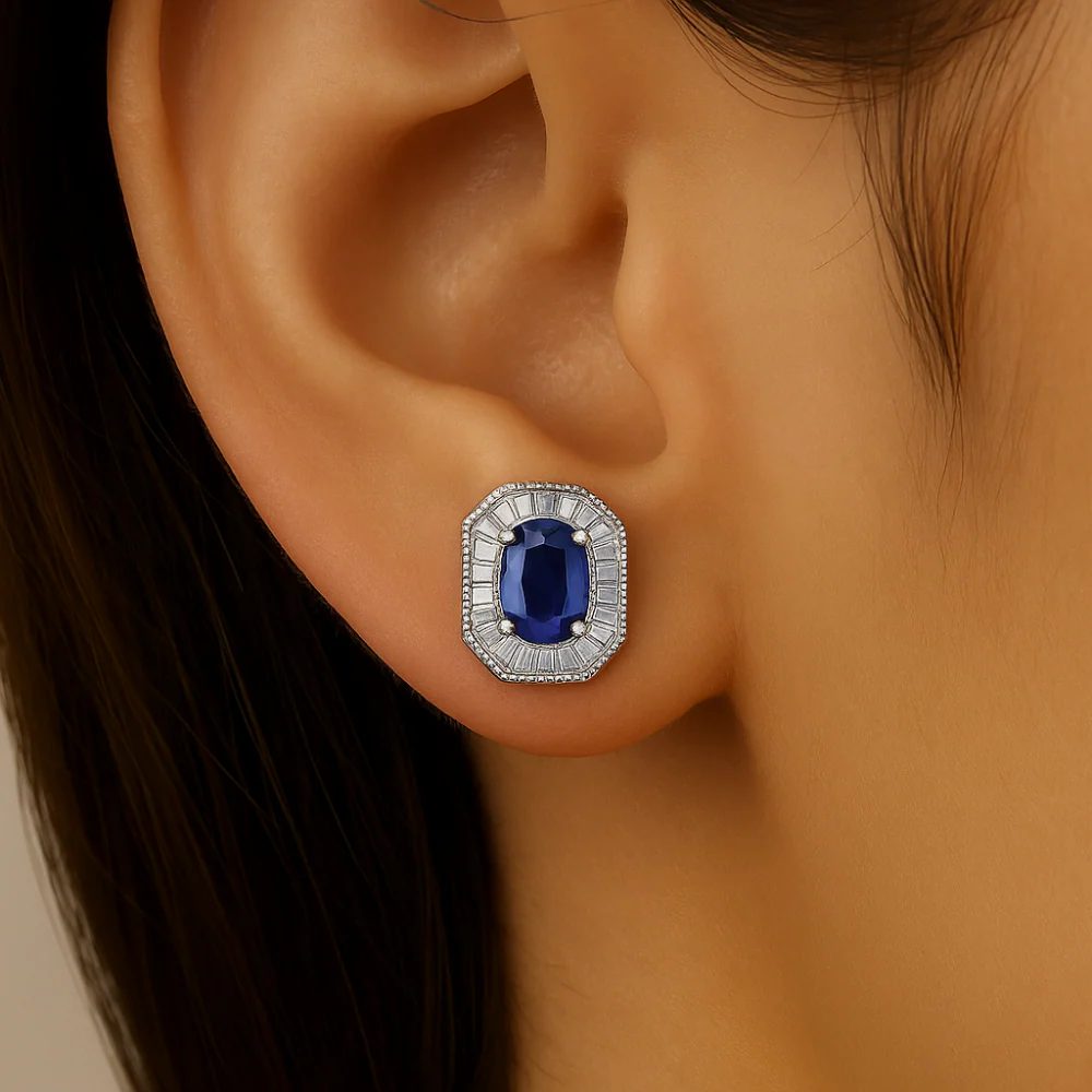 <span style="color:purple">SPECIAL!</span>.89ct G SI 14K White Gold Baguette Diamond & Blue Sapphire Gemstone Earrings - Image 2