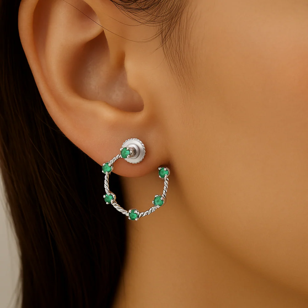 .16ct G SI 14K White Gold Emerald Gemstone Open Hoop Earrings - Image 2