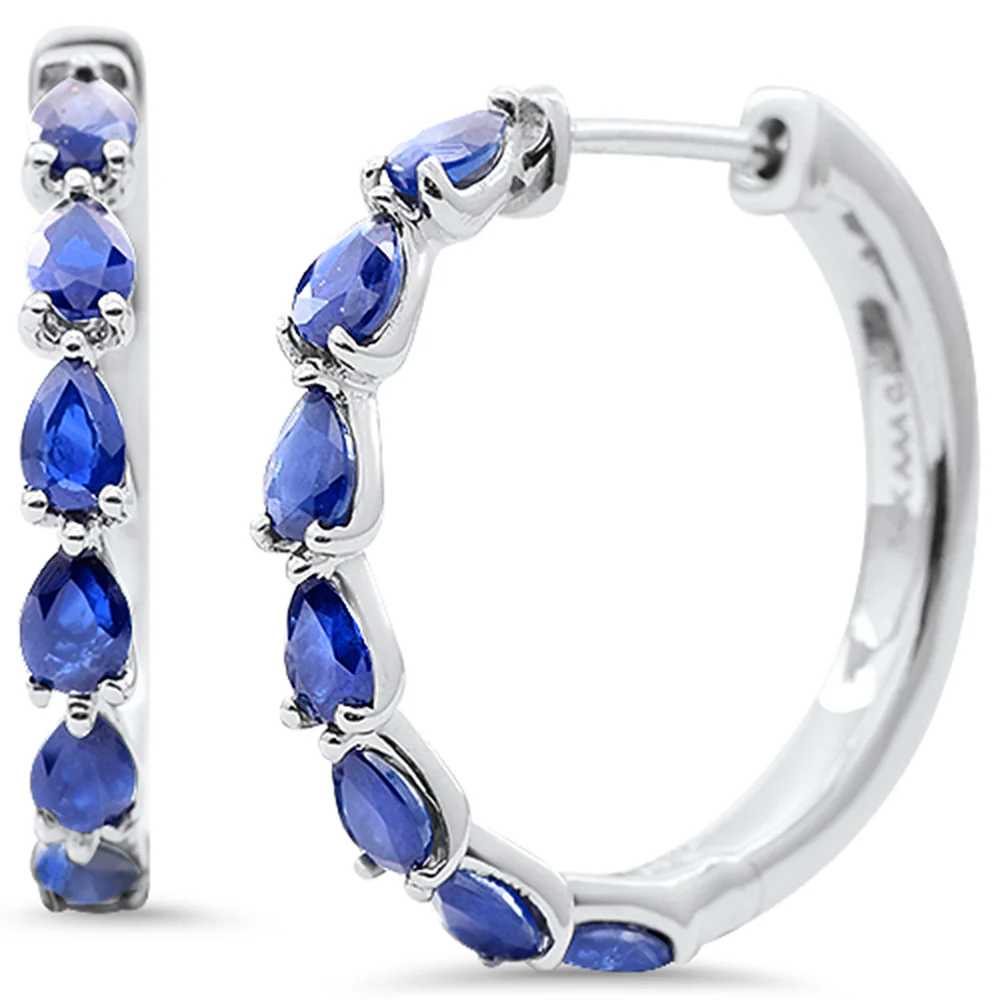 <span style="color:purple">SPECIAL!</span> 1.78ct G SI 14K White Gold Pear Shape Blue Sapphire Gemstone Hoop Earrings