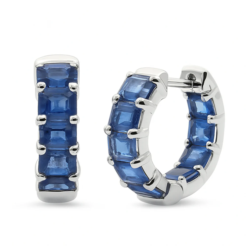 <span style="color:purple">SPECIAL!</span> 5.04ct G SI 14K White Gold Emerald Cut Blue Sapphire Gemstones Hoop Huggie Earrings