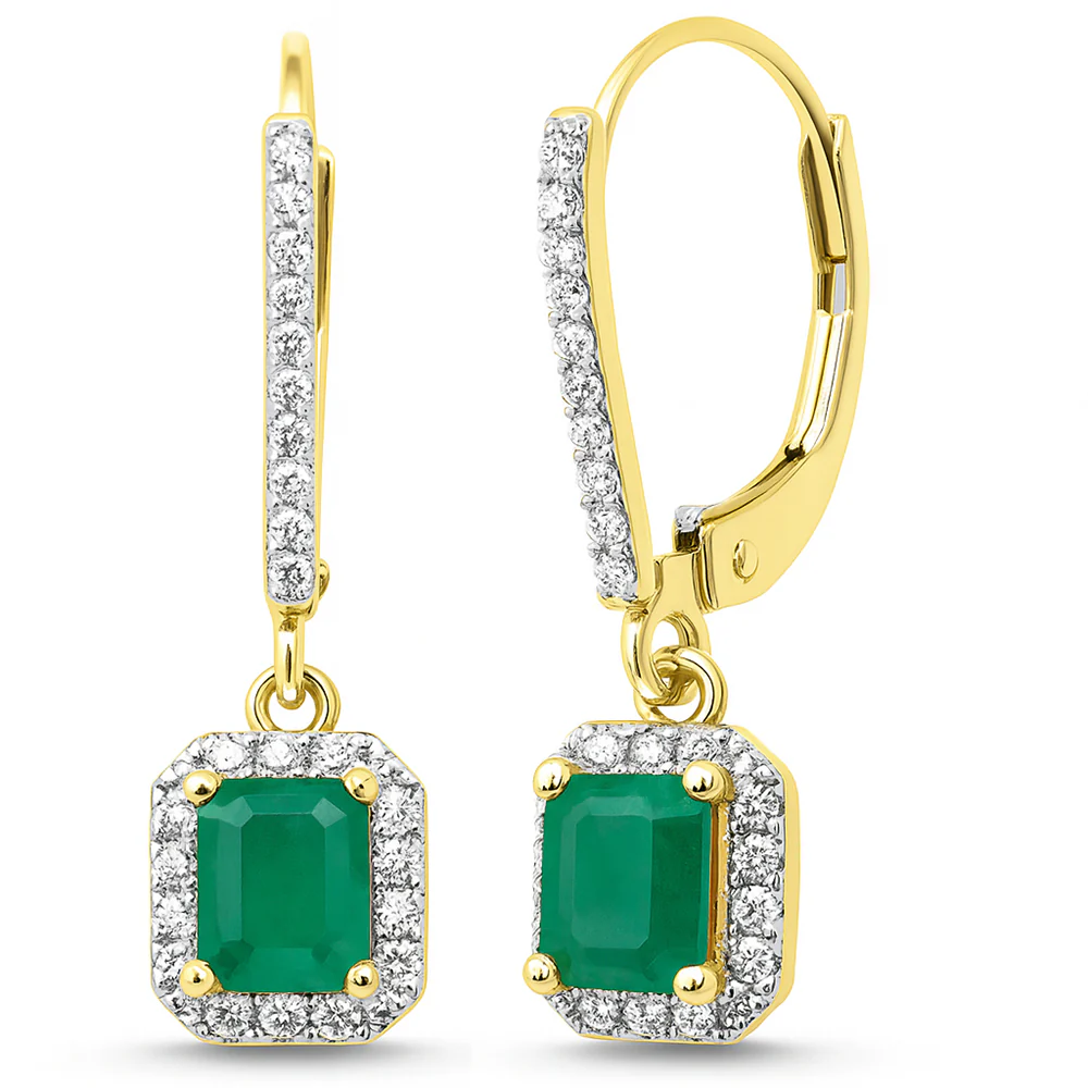 <span style="color:purple">SPECIAL!</span> .99ct G SI 14K Yellow Gold Diamond & Emerald Gemstone Lever Back Drop Earrings