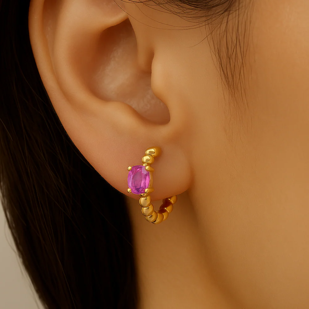 <span style="color:purple">SPECIAL!</span>.42ct 14K Yellow Gold Pink Sapphire Gemstone Hoop Earrings - Image 2