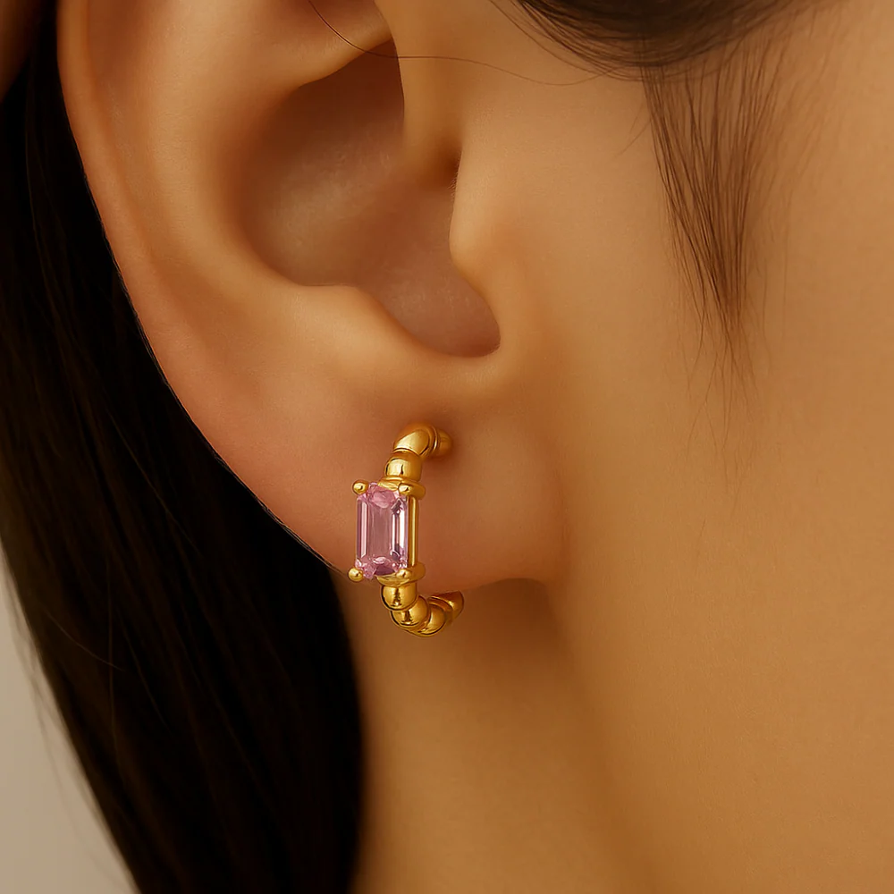 <span style="color:purple">SPECIAL!</span>.60ct 14K Yellow Gold Pink Sapphire Gemstone Hoop Earrings - Image 2