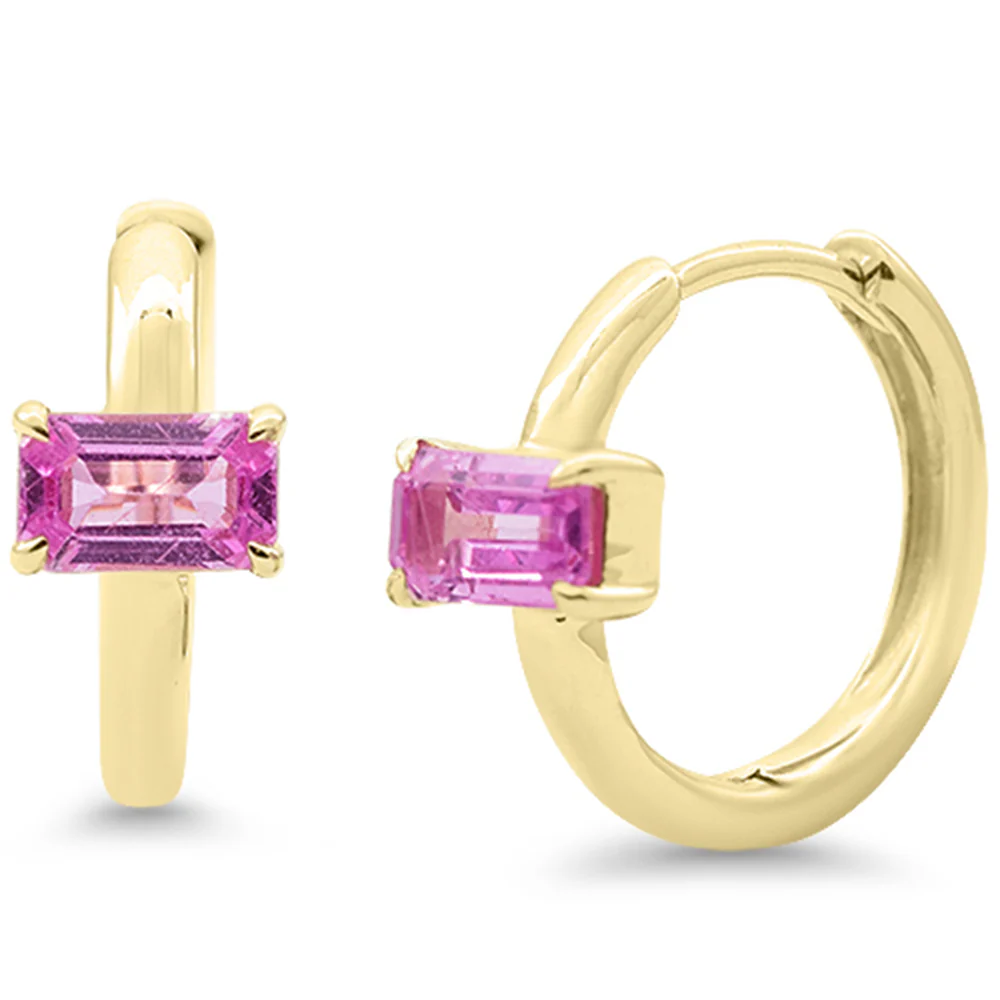 <span style="color:purple">SPECIAL!</span>.70ct 14K Yellow Gold Pink Sapphire Gemstone Petite Hoop Earrings