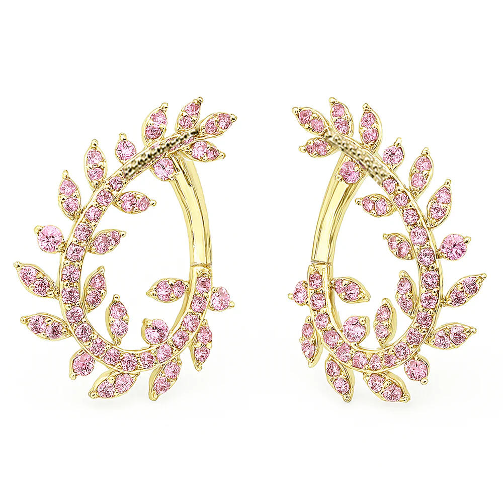<span style="color:purple">SPECIAL!</span> 1.02ct G SI 14K Yellow Gold Pink Sapphire Gemstone Olive Branch Ear Crawler Earrings