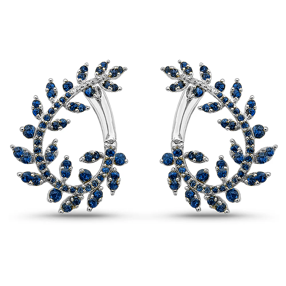 <span style="color:purple">SPECIAL!</span> 1.38ct G SI 14K White Gold Blue Sapphire Gemstone Olive Branch Ear Crawler Earrings