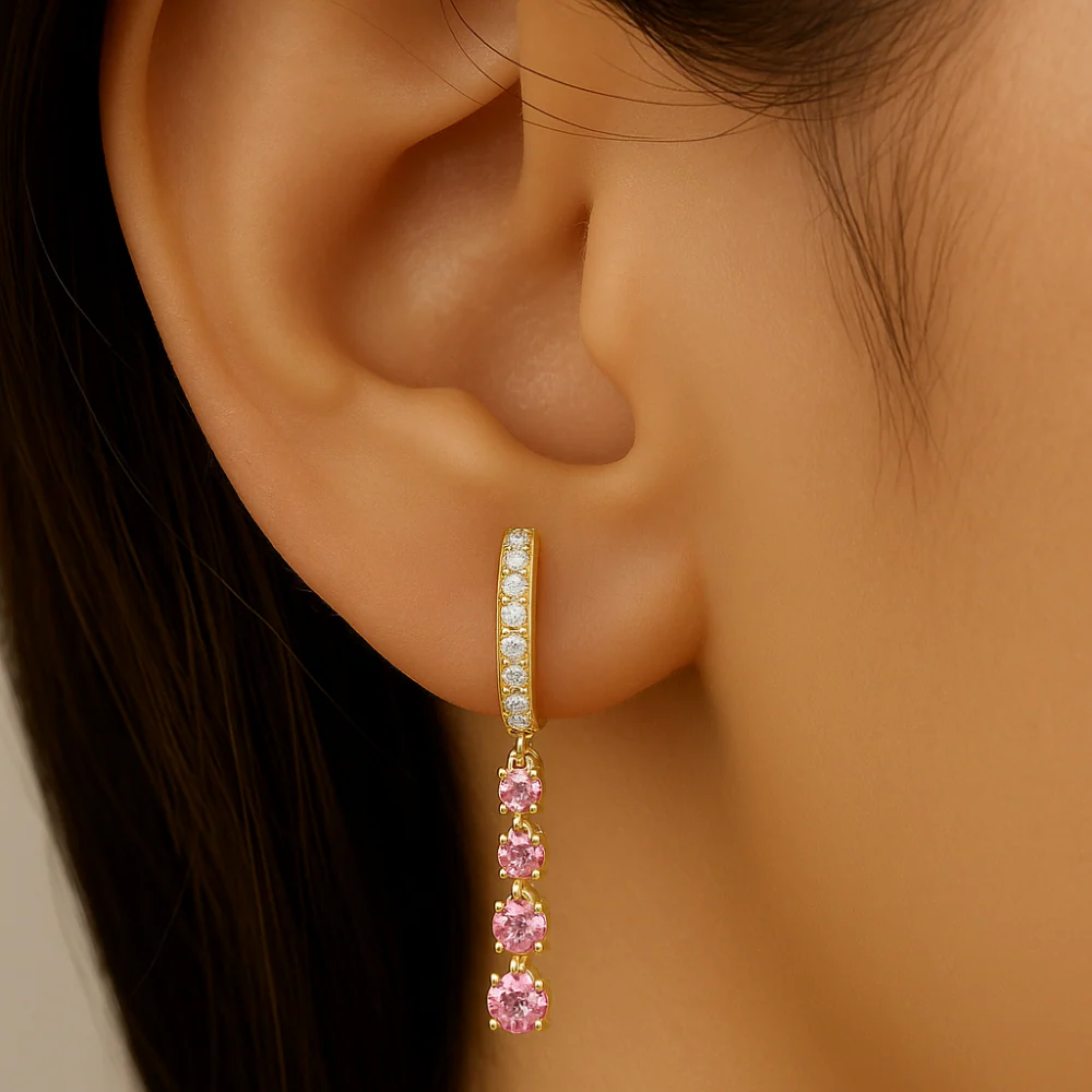 <span style="color:purple">SPECIAL!</span> .54ct G SI 14kt Yellow Gold Diamond & Pink Sapphire Gemstone Drop Dangle Earrings - Image 2