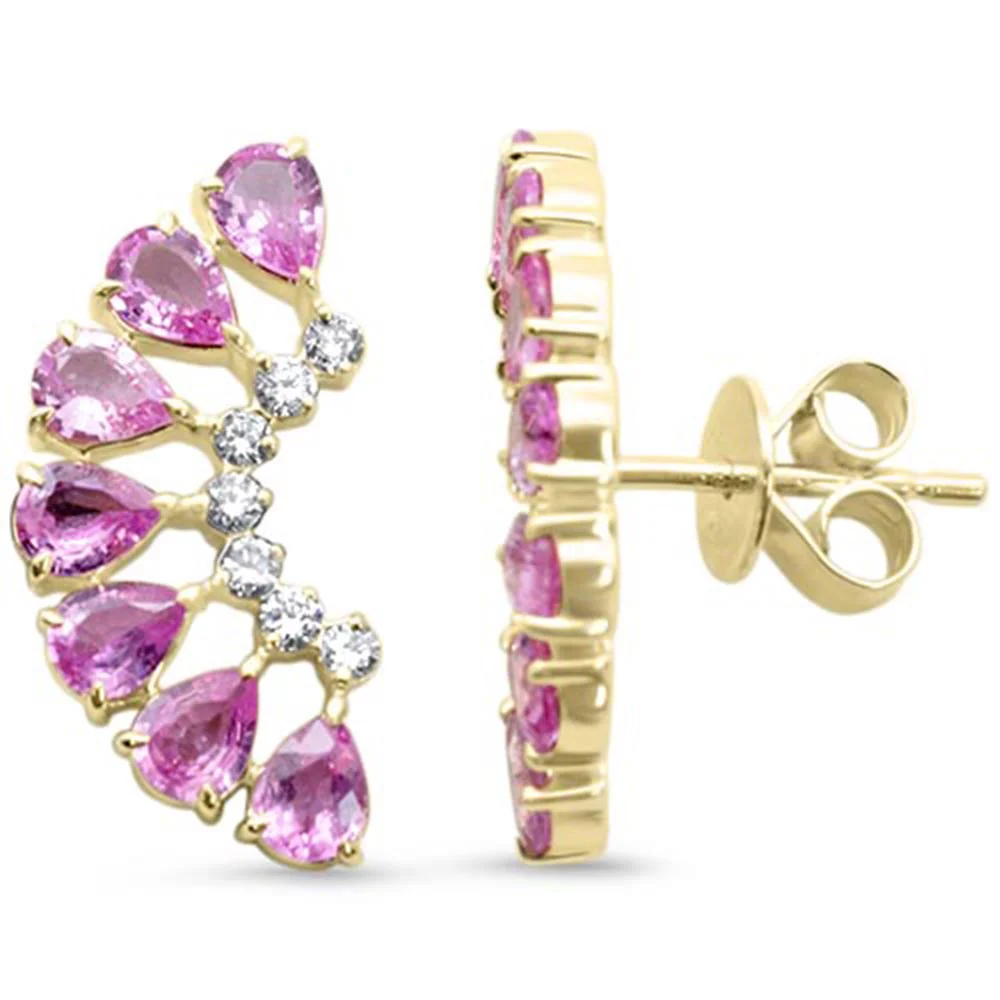 <span style="color:purple">SPECIAL!</span> 2.40ct G SI 14kt Yellow Gold Diamond & Pear Shape Pink Sapphire Gemstone Ear Crawler Earrings