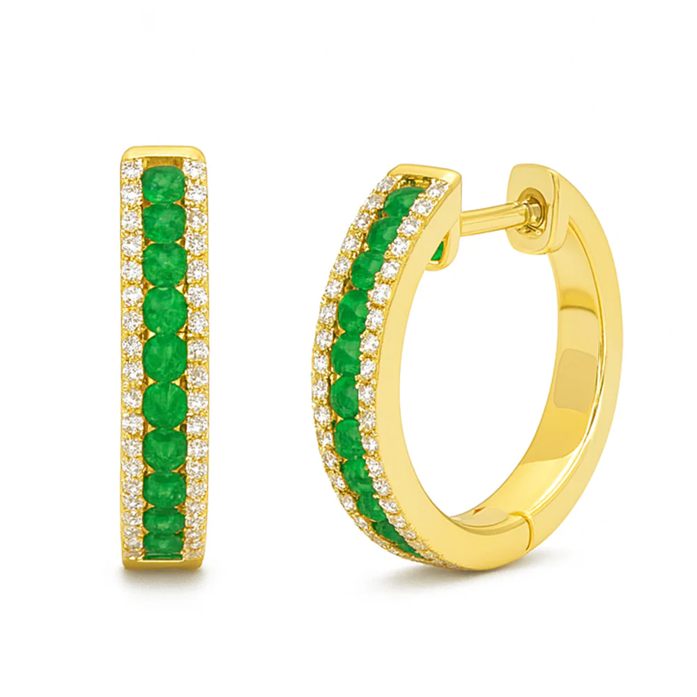 <span style="color:purple">SPECIAL!</span> .43ct G SI 14kt Yellow Gold Diamond & Emerald Gemstone Hoop Earrings