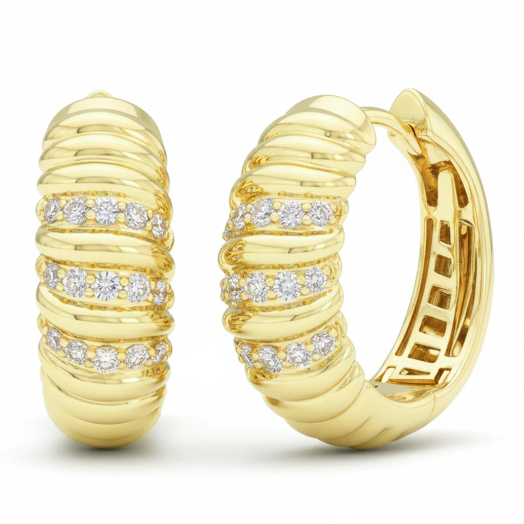 <span style="color:purple">SPECIAL!</span> .22ct G SI 14kt Yellow Gold Scalloped Design Diamond Hoop Earrings