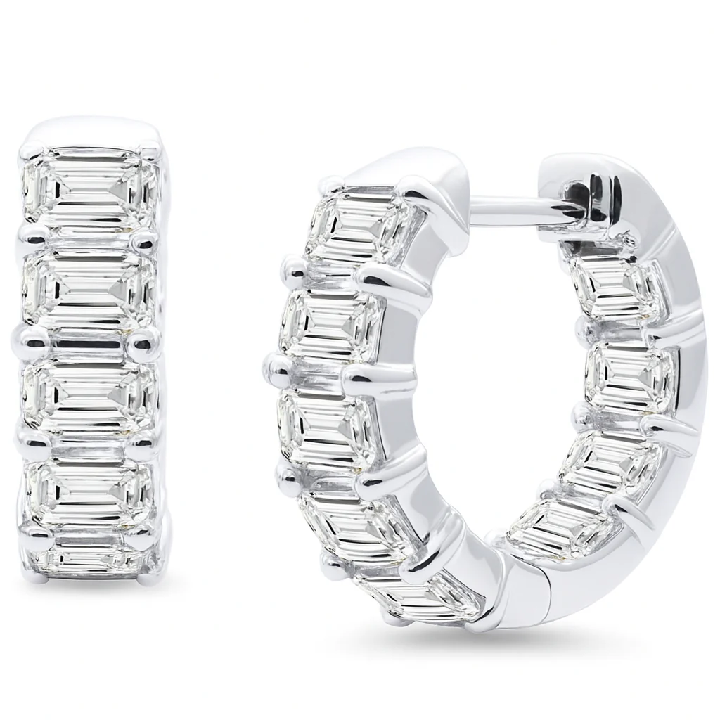 <span style="color:purple">SPECIAL!</span> 3.64ct G SI 14K White Gold Emerald Cut Diamond Hoop Earrings