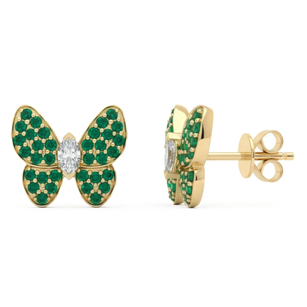 <span style="color:purple">SPECIAL!</span> 1.40ct G SI 14kt Yellow Gold Diamond & Emerald Gemstone Butterfly Stud Earrings