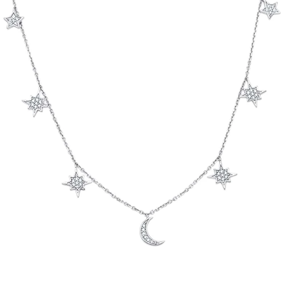 <span>DIAMOND CLOSEOUT! </span> .18ct 14kt White Gold Crescent Moon & Stars Diamond Pendant Necklace 18"