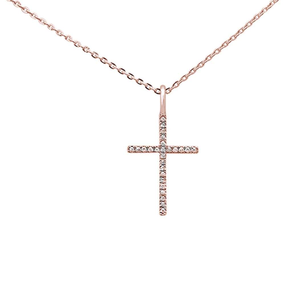 <span>DIAMOND CLOSEOUT! </span>.08ct 14kt Rose Gold Diamond Cross Pendant Necklace 16"+2" Ext