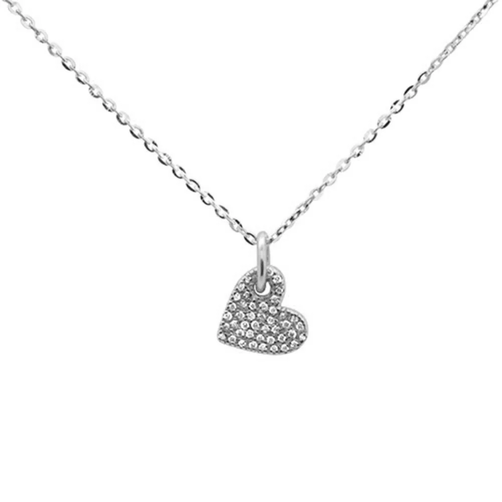<span>DIAMOND CLOSEOUT! </span>.09ct F SI 14K White Gold Diamond Dangling Heart Pendant Necklace 16"+2" Ext.