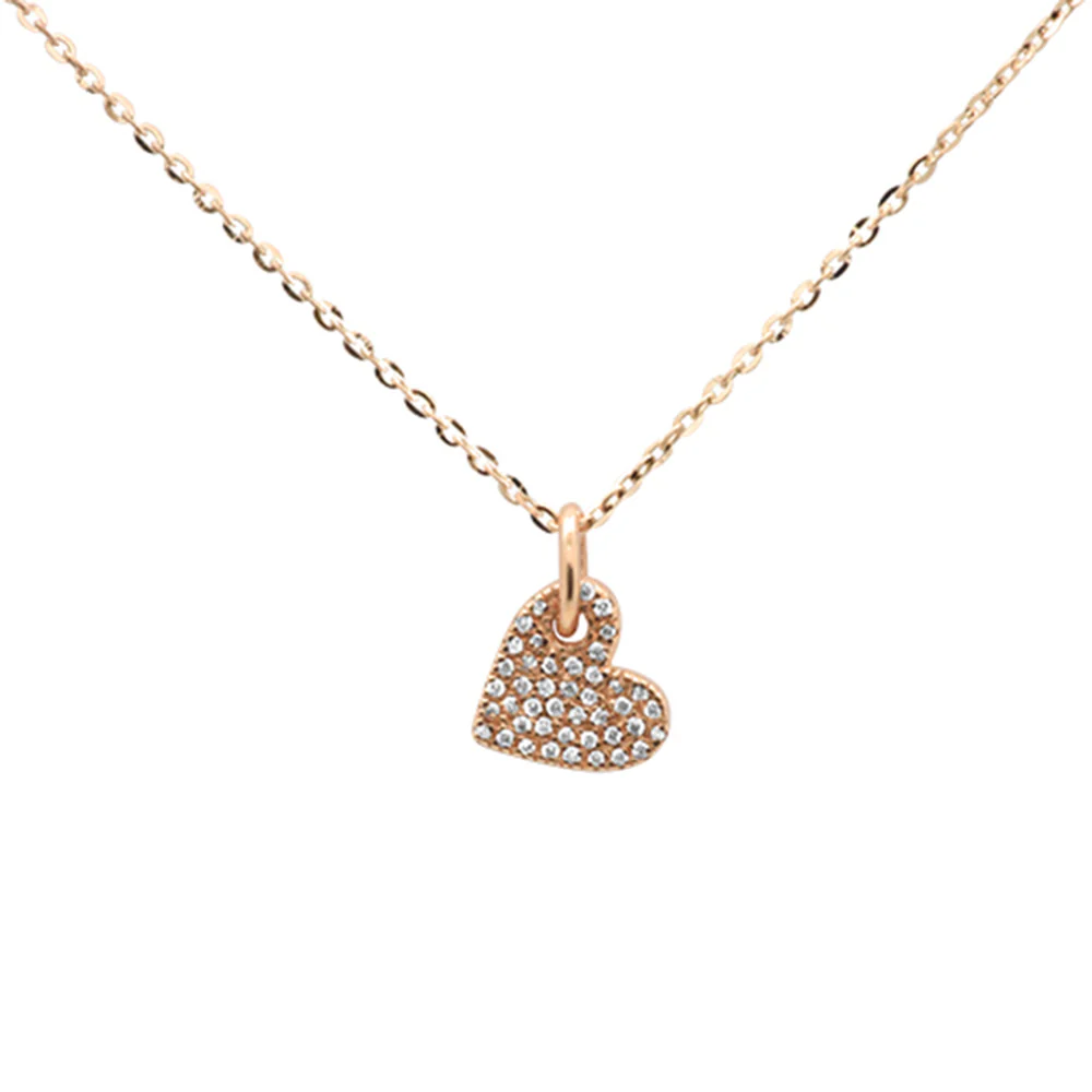 <span>DIAMOND CLOSEOUT! </span> .08ct 14k Rose Gold Diamond Dangling Heart Pendant Necklace 16" + 2" Ext