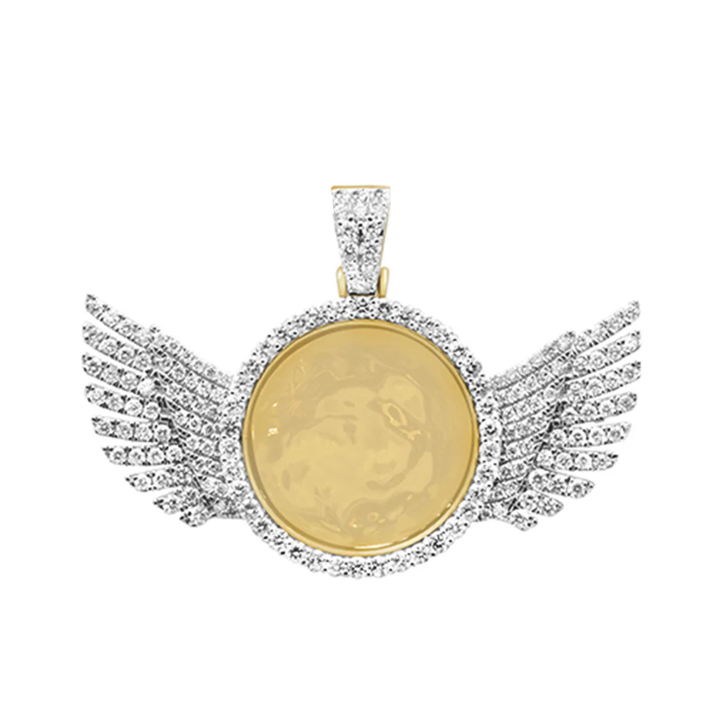<span>DIAMOND CLOSEOUT! </span> 3.11ct G SI 10K Yellow Gold Wings Diamond Circle Micro Pave Iced Out Picture Locket Pendant