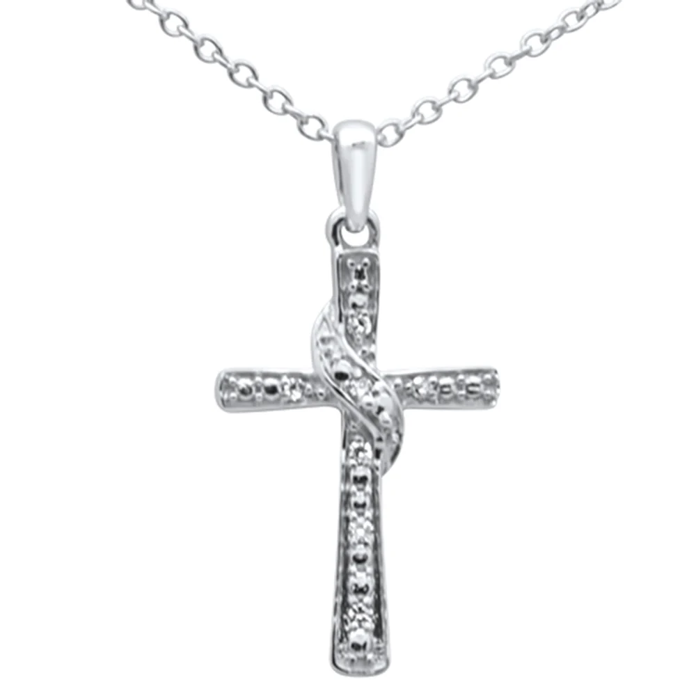 <span>DIAMOND CLOSEOUT! </span> .03ct F SI 10K White Gold Diamond Cross Charm Pendant 18" Long