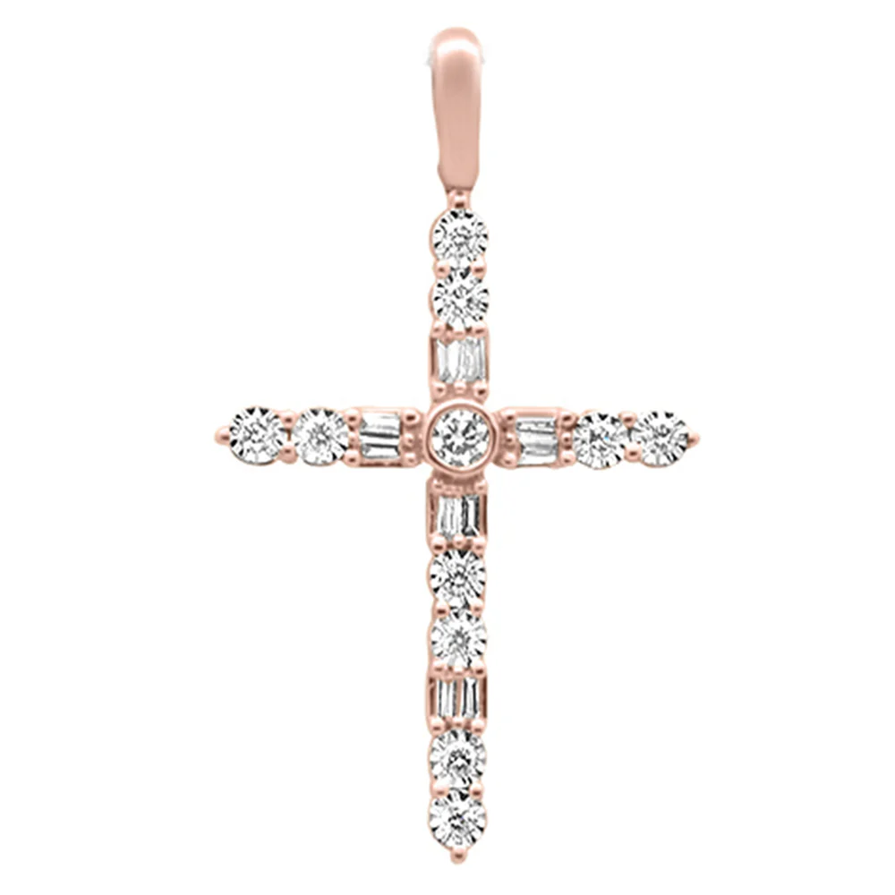 <span>DIAMOND CLOSEOUT! </span>.25ct G SI 14K Rose Gold Diamond Cross Baguette & Round Pendant