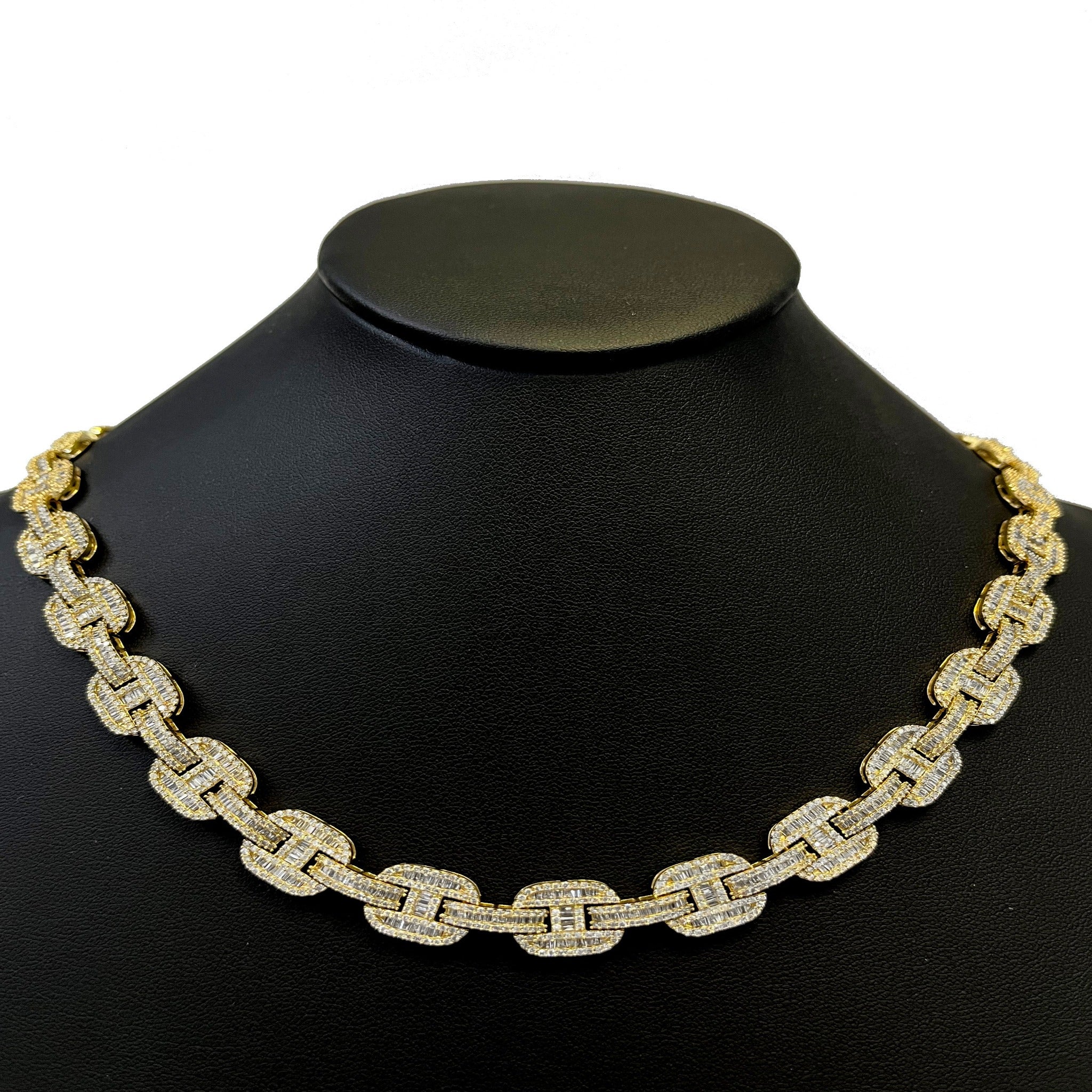 <span>DIAMOND CLOSEOUT! </span> 11mm 15.27ct G SI 14K Yellow Gold Iced Out Diamond Round & Baguette Necklace 22"