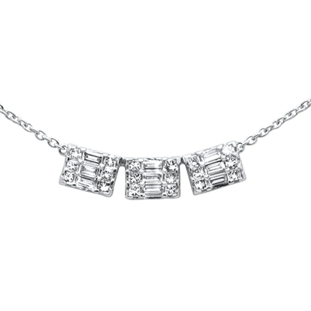 <span>DIAMOND CLOSEOUT! </span>.55ct G SI 14K White Gold Round & Baguette Diamond Three Stone Emerald Shape Pendant Necklace 16"+2" ext chain