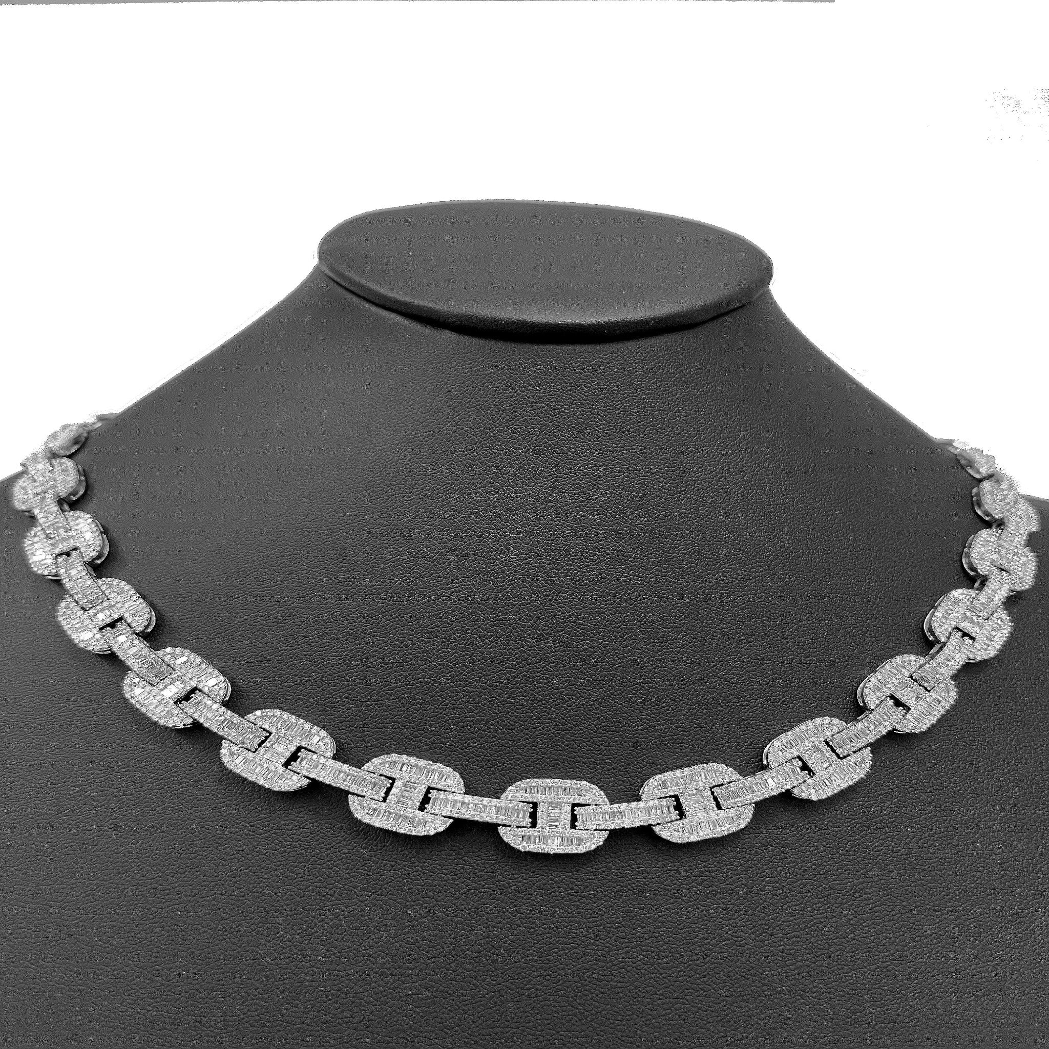 <span>DIAMOND CLOSEOUT! </span> 11mm 17.95ct G SI 14K White Gold Iced Out Diamond Round & Baguette Necklace 22"