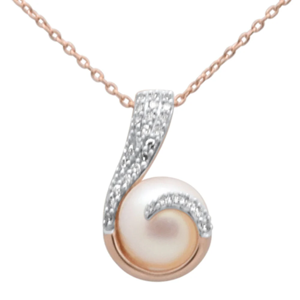 <span>DIAMOND CLOSEOUT! </span> .12ct G SI 14K Rose Gold Diamond & Pearl Pendant Necklace 18" Long