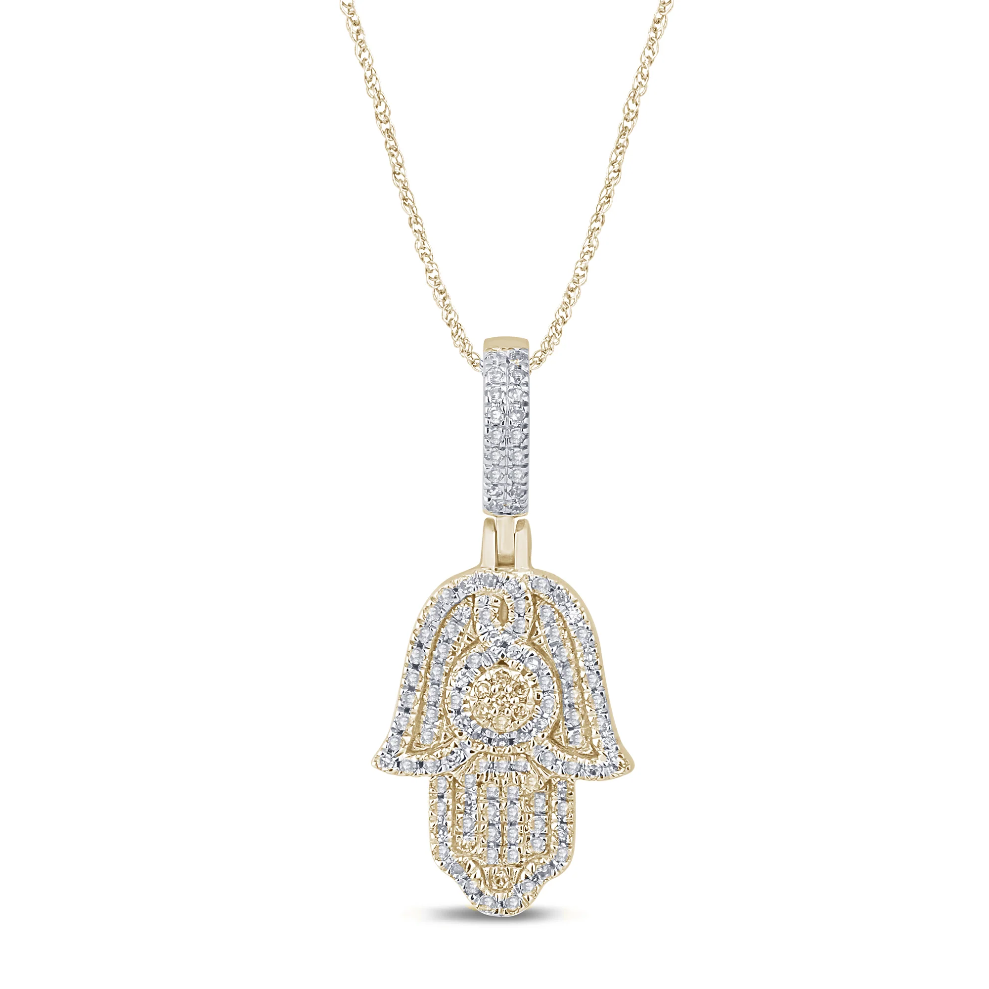 <span style="color:purple">SPECIAL!</span> .19ct G SI 14K Yellow Gold Diamond Hamsa Pendant Necklace 18" Long