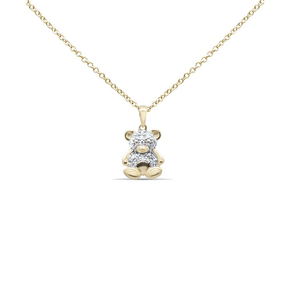 <span style="color:purple">SPECIAL!</span> .16ct G SI 14K Yellow Gold Diamond Teddy Bear Pendant Necklace 18" Long