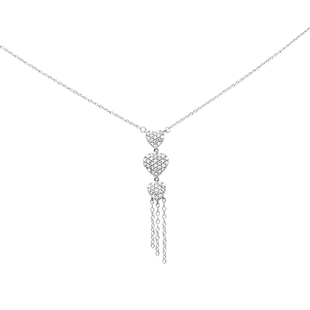 <span style="color:purple">SPECIAL!</span> .33ct G SI 14K White Gold Diamond 3 Hearts Drop Pendant Necklace 16" Long Chain
