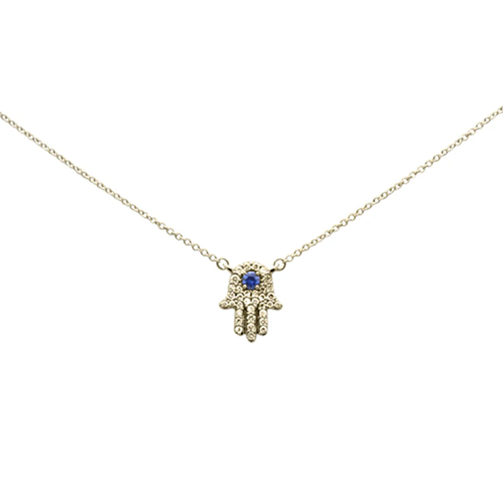 <span style="color:purple">SPECIAL!</span> .31ct G SI 14K Yellow Gold Diamond & Blue Sapphire Hamsa Pendant Necklace 18" Long Chain