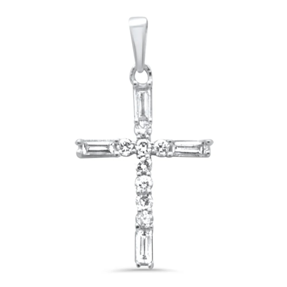<span style="color:purple">SPECIAL!</span> .30ct G SI 14K White Gold Round & Baguette Diamond Cross Pendant Necklace 18" Long - Image 3