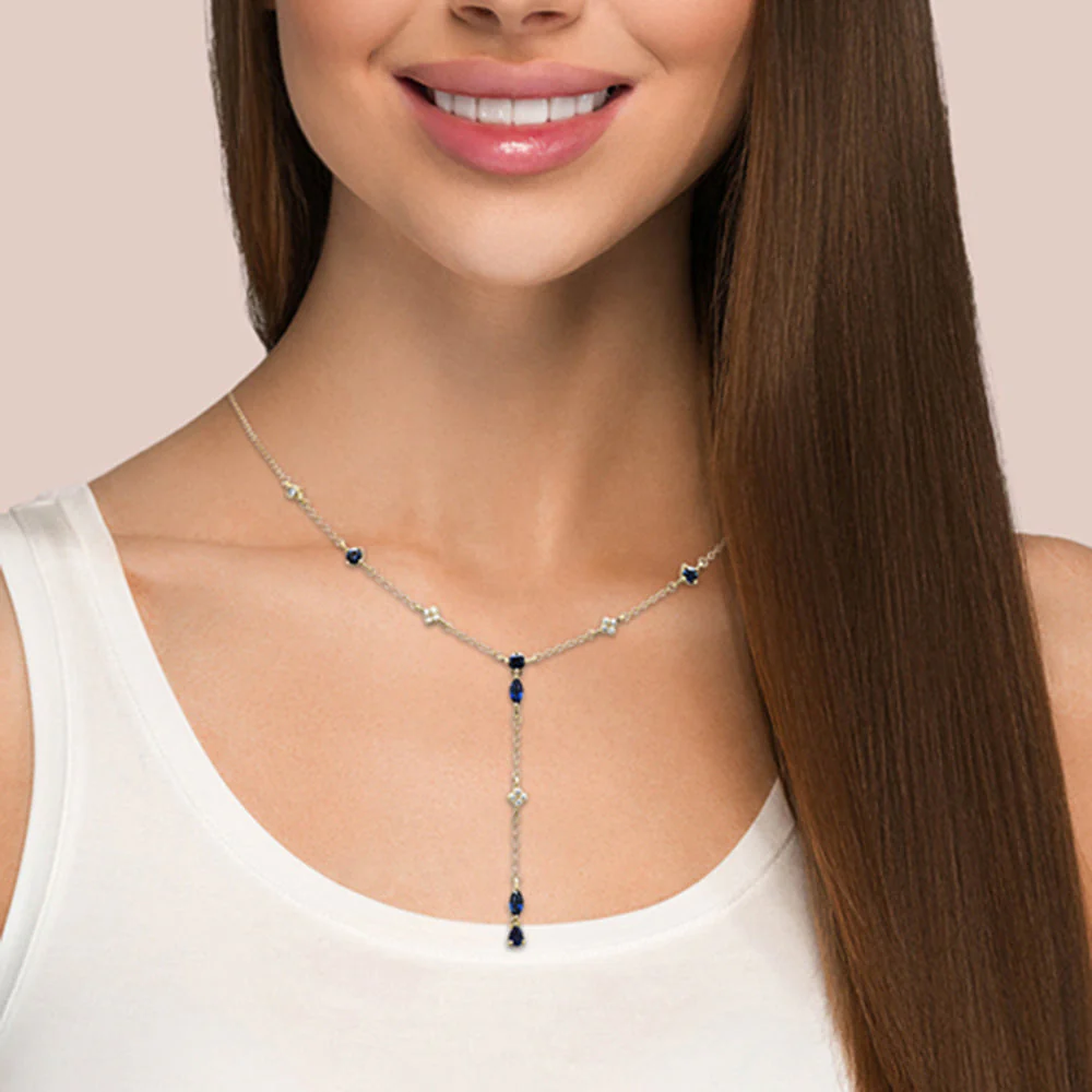 <span>DIAMOND CLOSEOUT! </span> 1.22ct G SI 14K Yellow Gold Diamond & Blue Sapphire Gemstone Pendant Necklace 16+2" EXT Long - Image 2