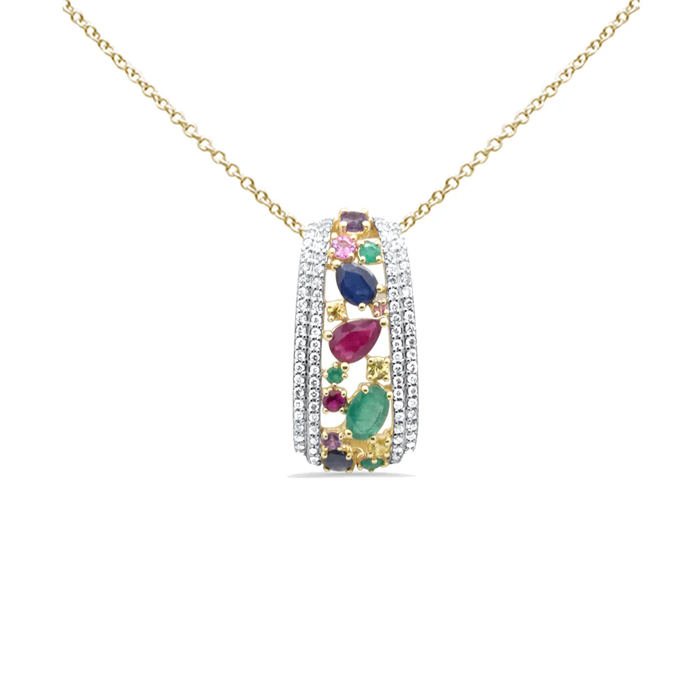 <span>GEMSTONE CLOSEOUT! </span>2.53ct G SI 14K Yellow Gold Diamond & Multi Color Gemstones Pendant Necklace 18" Long