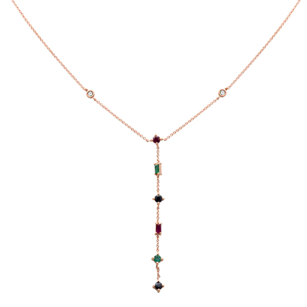 <span>GEMSTONE CLOSEOUT! </span> .80ct G SI 14K Rose Gold Diamond & Multi Color Gemstone Drop Lariat Necklace 16+2" Ext