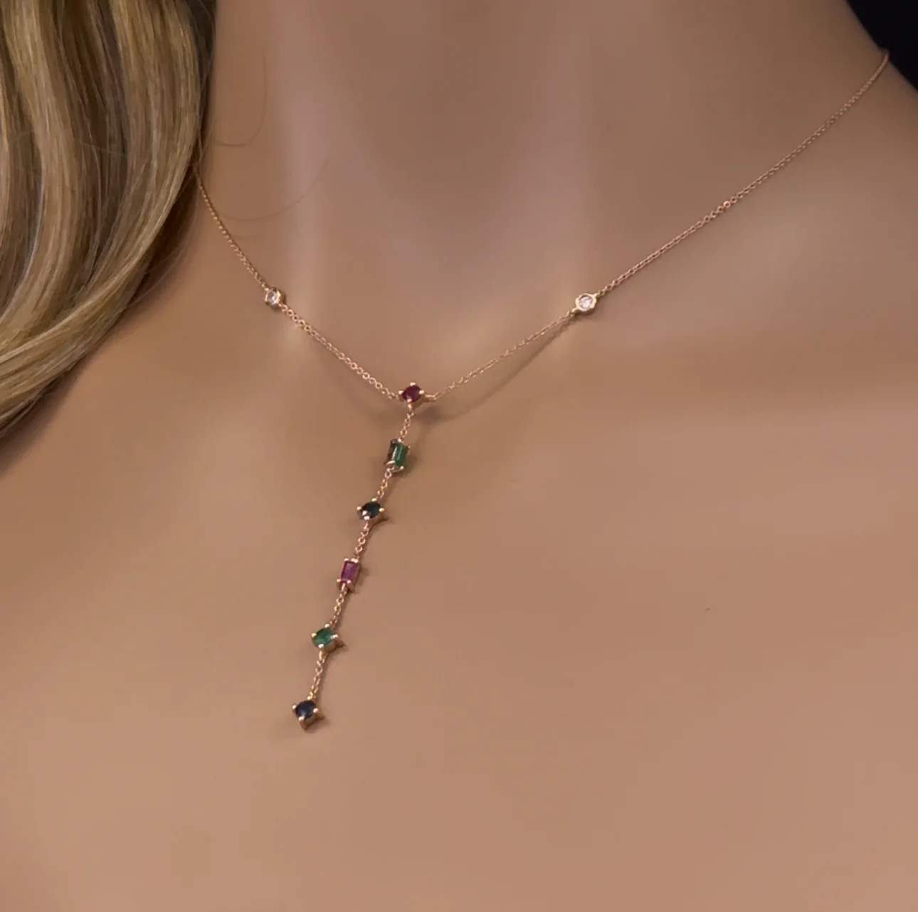 <span>GEMSTONE CLOSEOUT! </span> .80ct G SI 14K Rose Gold Diamond & Multi Color Gemstone Drop Lariat Necklace 16+2" Ext - Image 2