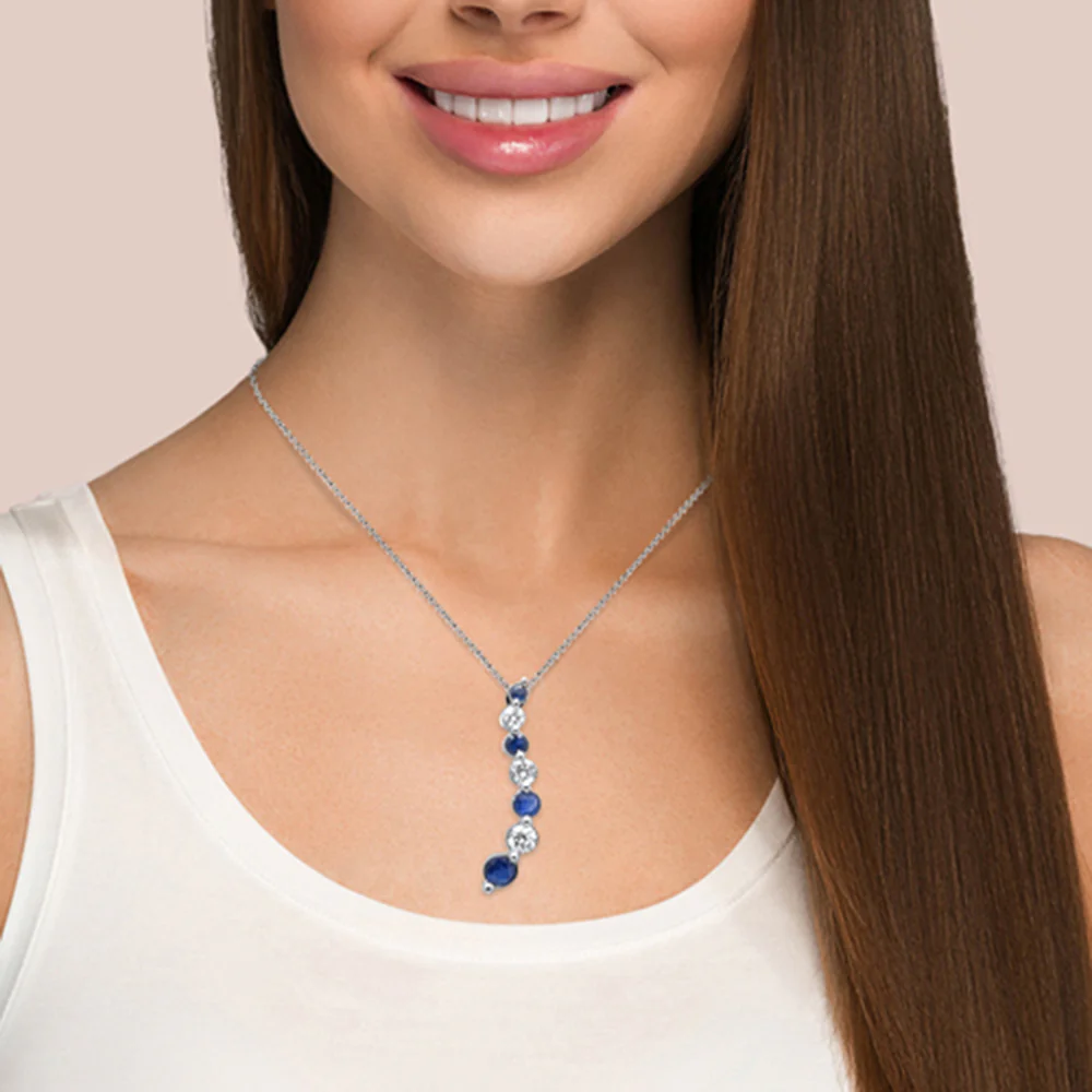 <span style="color:purple">SPECIAL!</span>.21ct, .42ct G SI 14K White Gold Diamond & Blue Sapphire Gemstones Pendant Necklace 18" Long Chain - Image 2