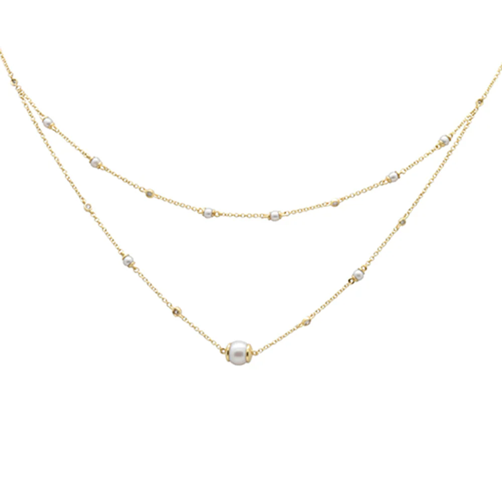 <span style="color:purple">SPECIAL!</span>.20ct G SI 14K Yellow Gold Diamond Double Chain Pearl Pendant Necklace 16+2" Long