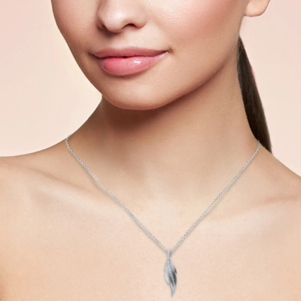 <span style="color:purple">SPECIAL!</span> .10ct G SI 14K White Gold Diamond Leaf Pendant Necklace 18" Long Chain - Image 2