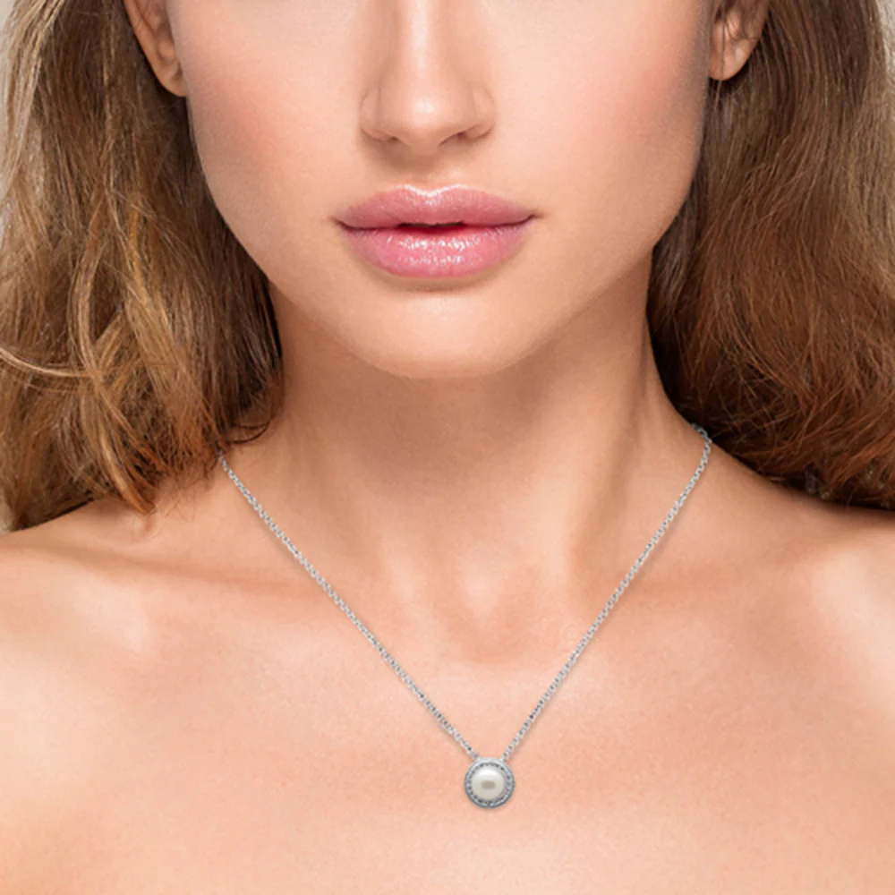 <span style="color:purple">SPECIAL!</span> .11ct G SI 14K White Gold Diamond Pearl Pendant Necklace 18" Long Chain - Image 2